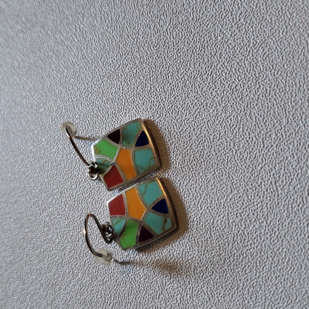 Vintage Inlaid Sterling Multi Stone Southwestern Handcrafted Artisan Earrings - Picture 7 of 11